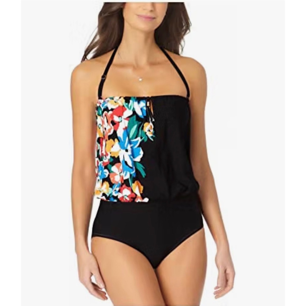 ANNE COLE WOMEN'S NWT 0NE-PIECE SWIMSUIT. SIZE 8 BLACK FLORAL PRINT STRAPLESS